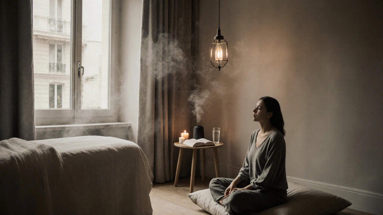 A calm chill room with candles, a massage table, and someone meditating peacefully.