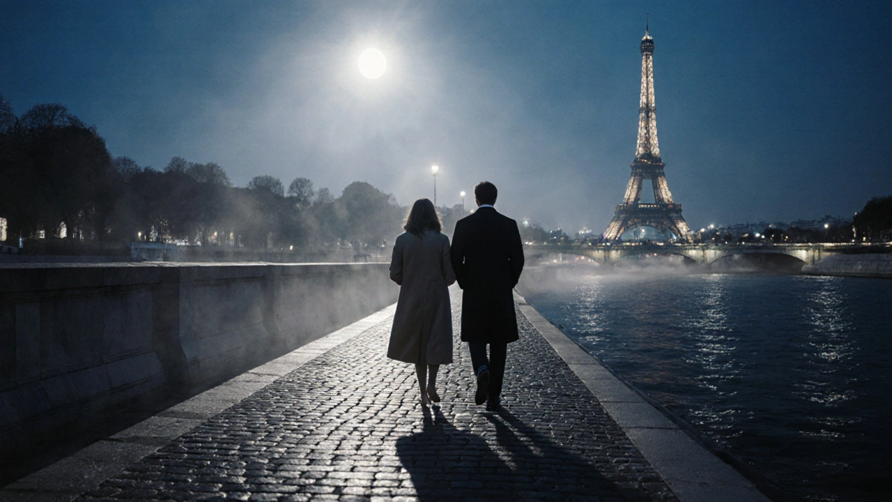A couple walking peacefully along the Seine at night, the Eiffel Tower glowing softly in the distance.