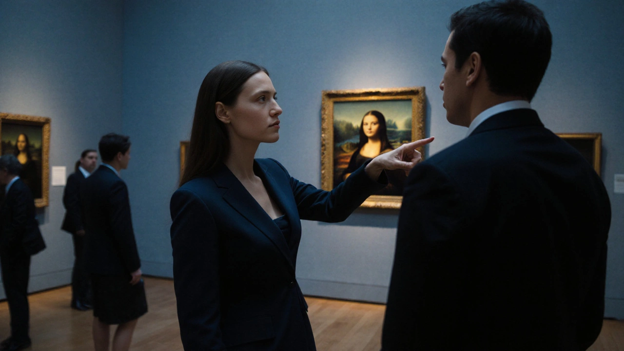 A man and woman observe the Mona Lisa in a quiet museum, sharing a moment of quiet connection.