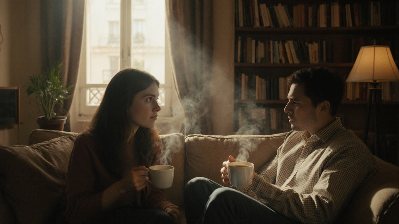 A man and woman sit together in quiet conversation over coffee in a cozy 13th arrondissement apartment.
