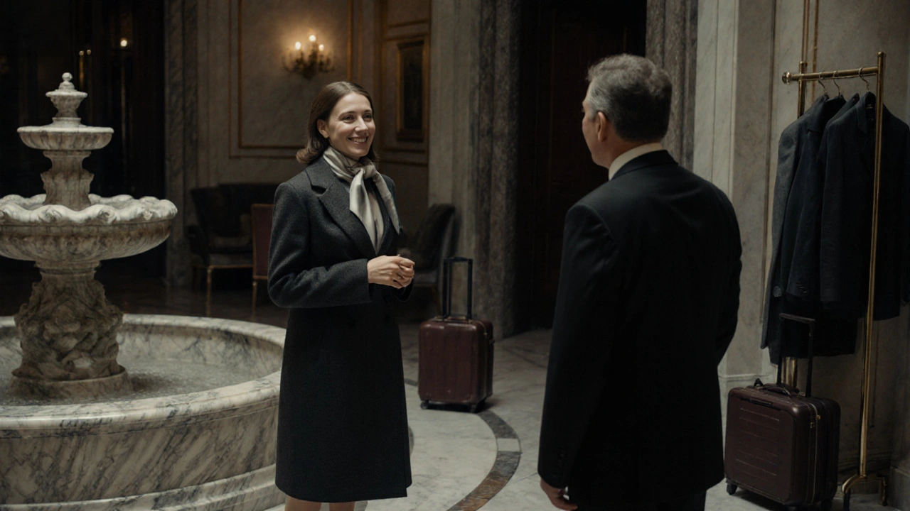 A professional woman and client meeting in a luxurious hotel lobby in Paris, dressed elegantly, exchanging a polite greeting.