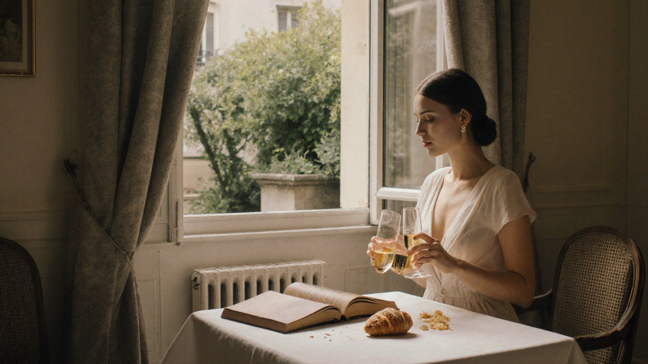 A woman pours champagne in a stylish Parisian apartment with natural light and a garden view.