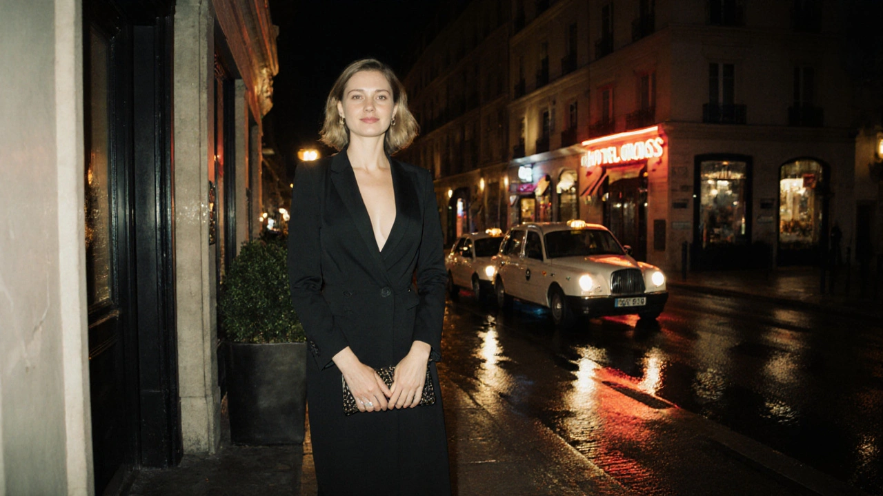 A woman stands outside a hotel entrance in Paris 13 at night, calm and composed under soft neon light.