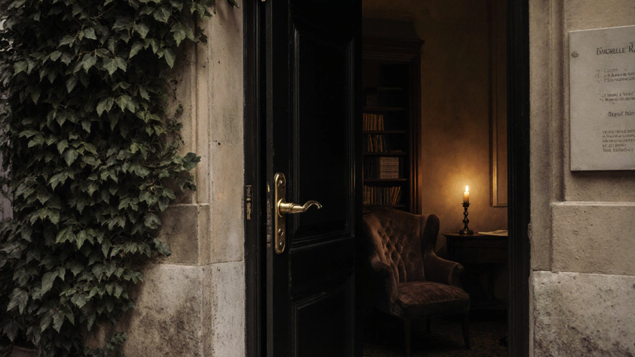 An unmarked door in a discreet Paris neighborhood, hinting at private intimacy.