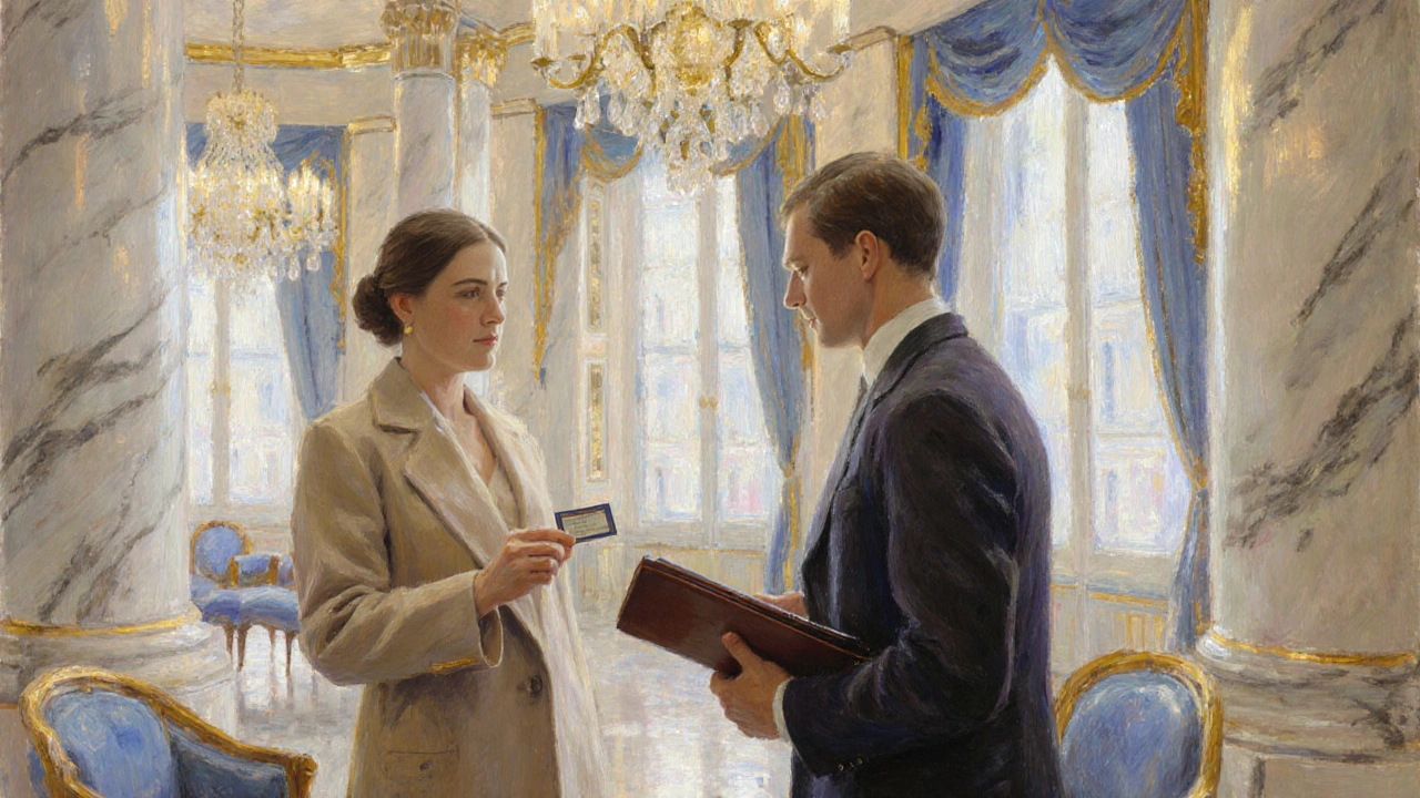 Companion and client exchanging a discreet ID at a luxurious hotel lobby.