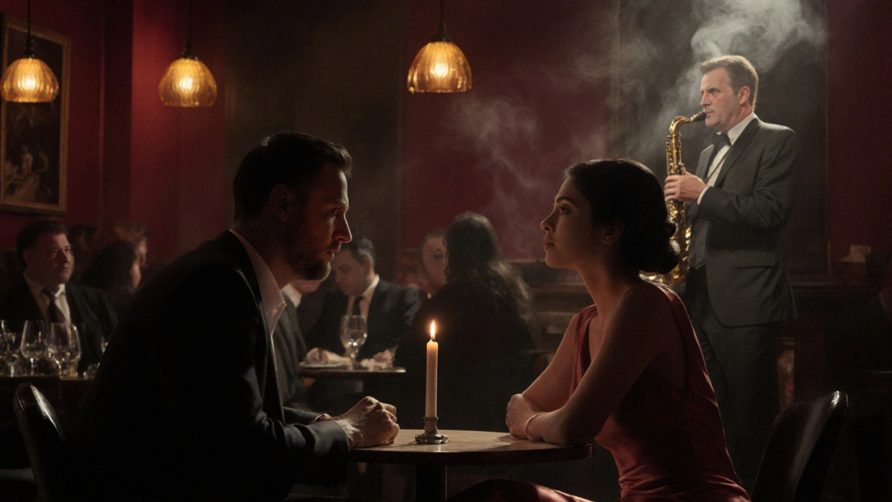 Companion and client seated in a dim jazz bar with a saxophonist performing.