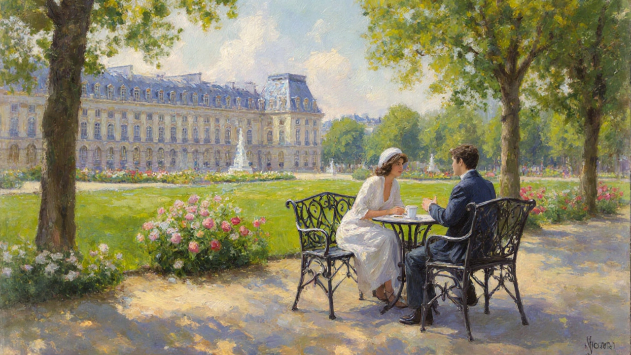 Companion and guest sharing coffee on a bench in Luxembourg Gardens, sunrise light.