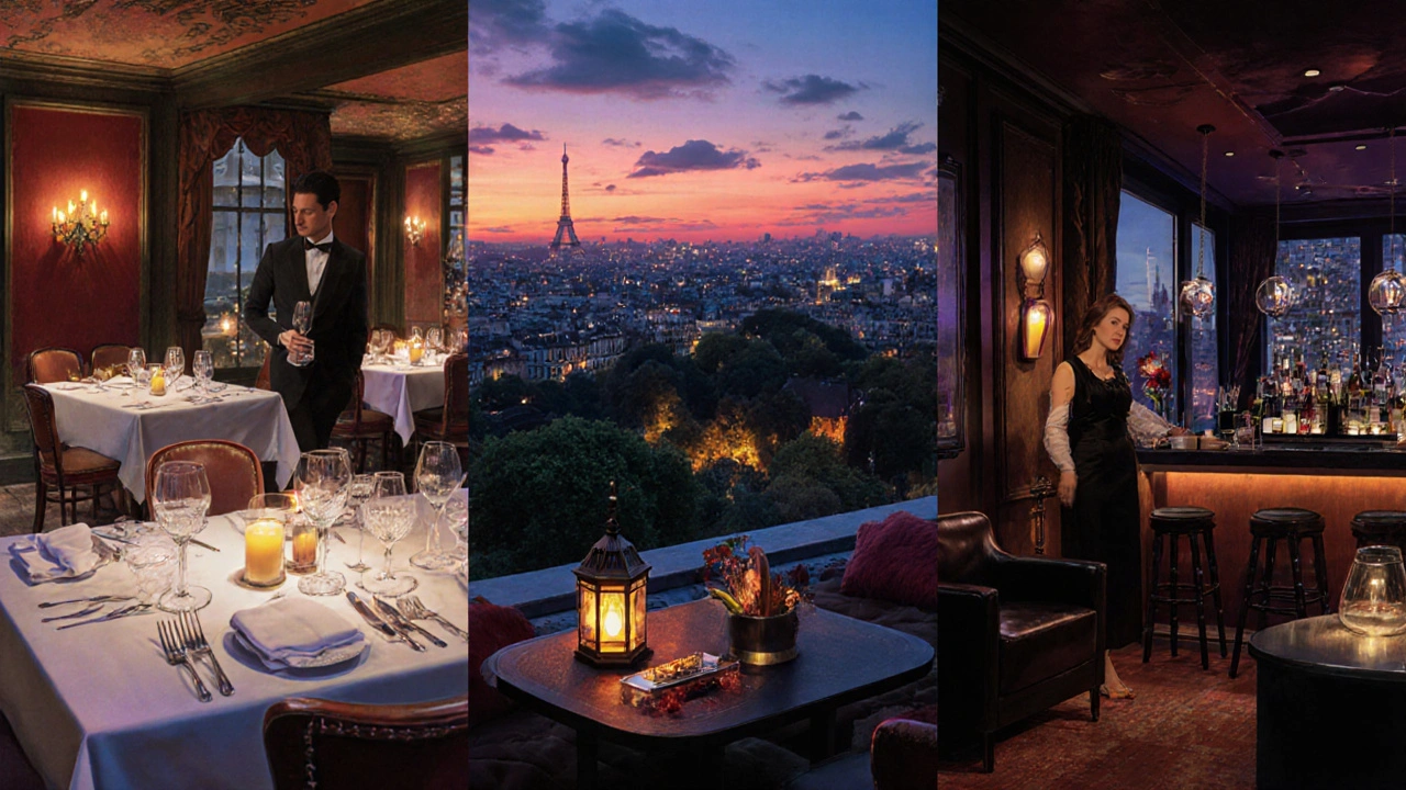 Companion guides client through a fine‑dining restaurant, rooftop bar, and VIP nightclub.