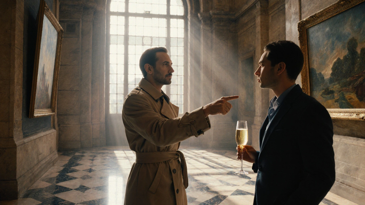 Companion guides client through Musée d’Orsay, holding a champagne glass in a bright gallery.