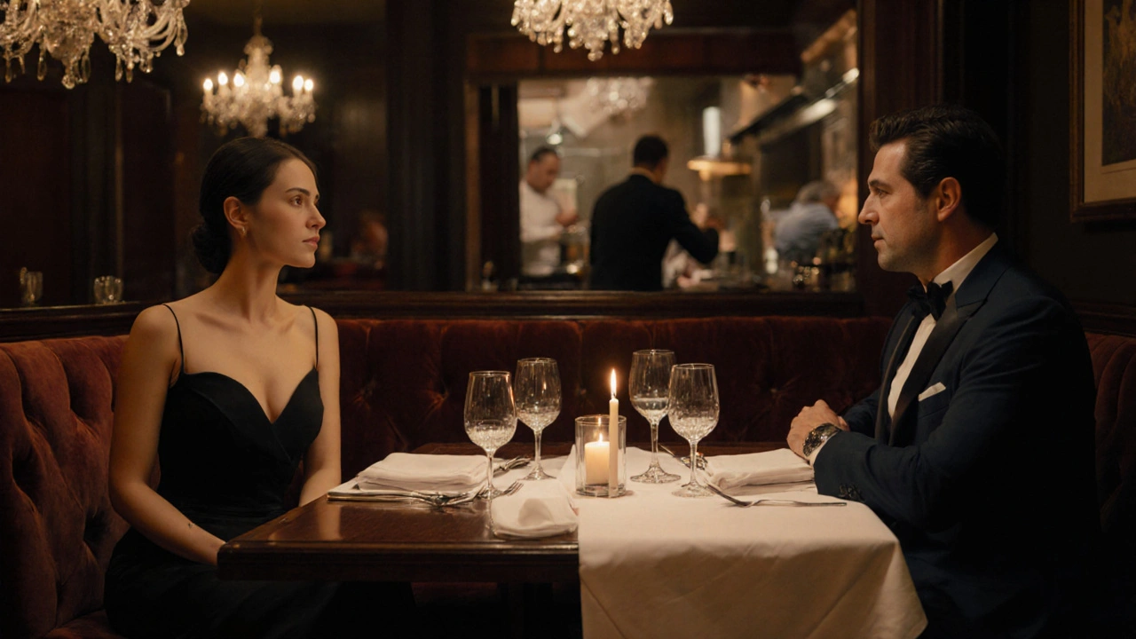 Couple dining at a Michelin‑star restaurant in Paris 17, candlelight and refined décor.