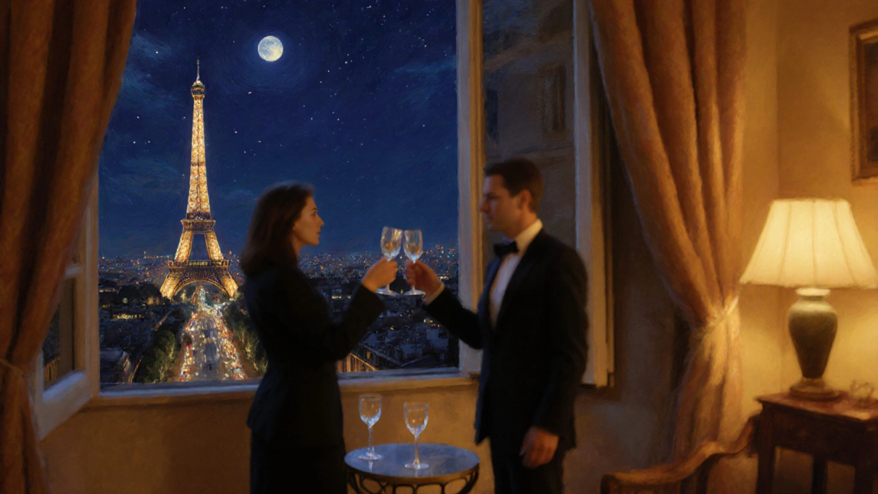 Couple toasting on a balcony with a view of the illuminated Eiffel Tower at night.