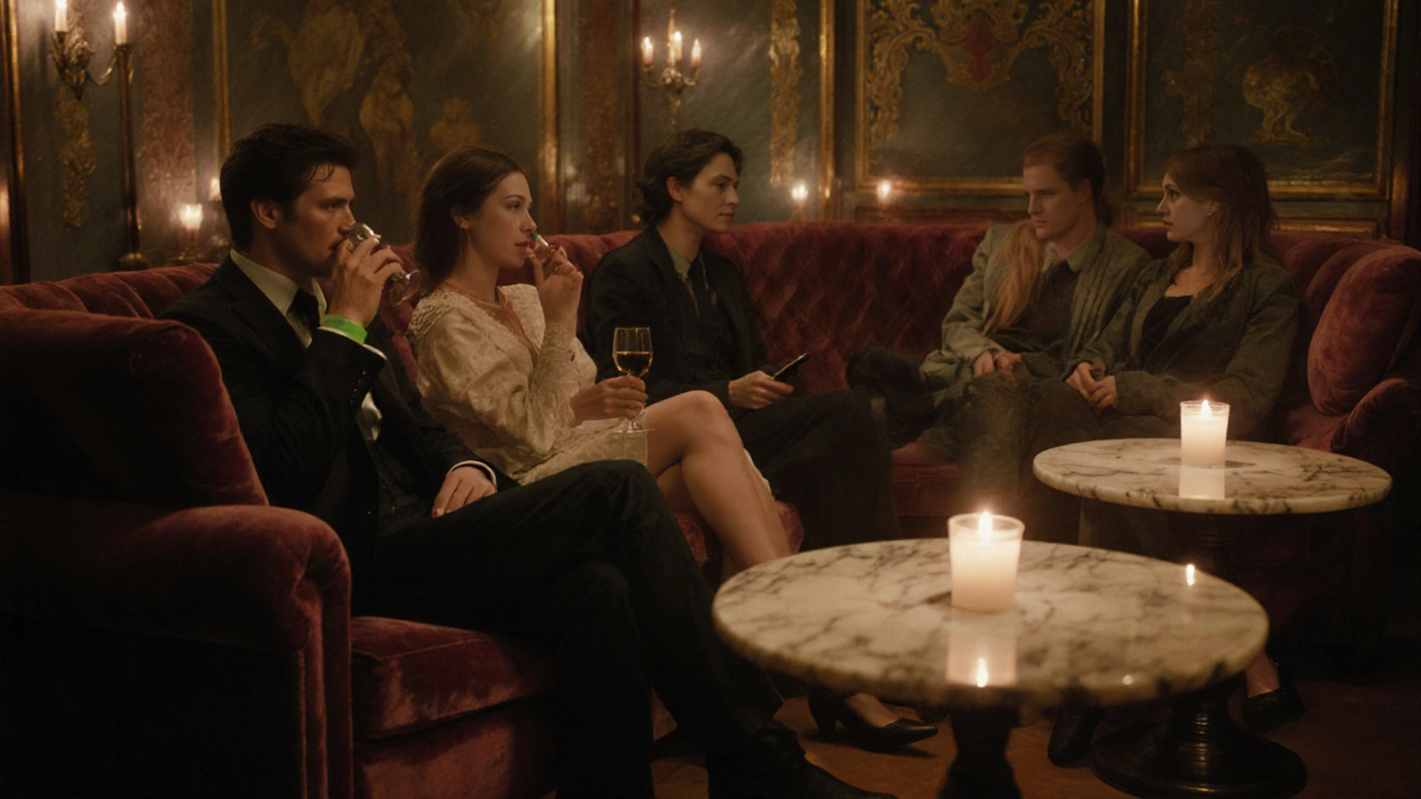 Couples and individuals relaxing quietly in a dimly lit lounge with no phones.