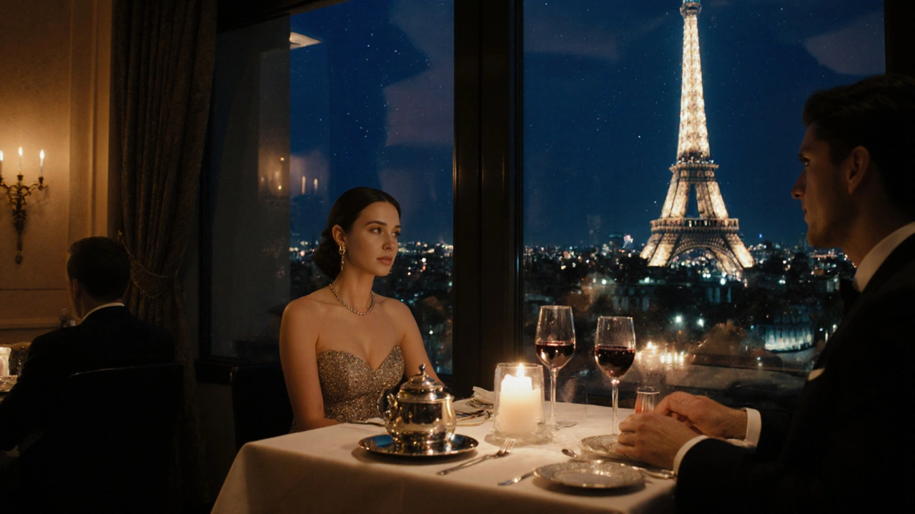 Elegant dinner with an escort near the Eiffel Tower.