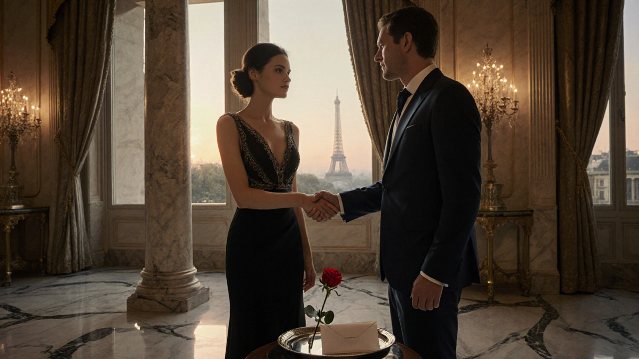 Elegant hotel lobby scene of a man in a suit shaking hands with a woman in an evening gown.