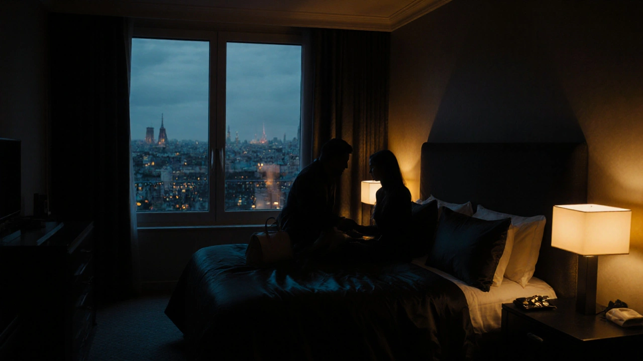 Elegant hotel suite with city view, soft lighting, and a discreet intimate scene.