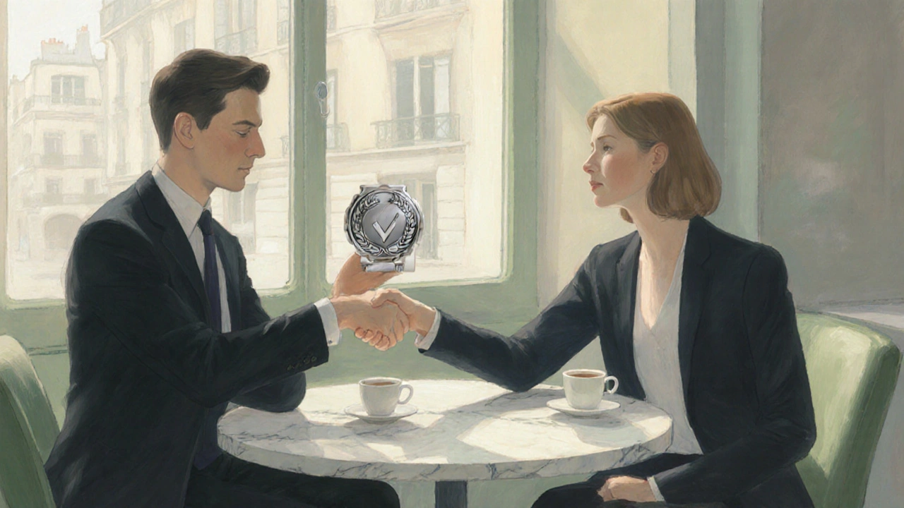 Escort showing a verification badge to a client at a Parisian café.