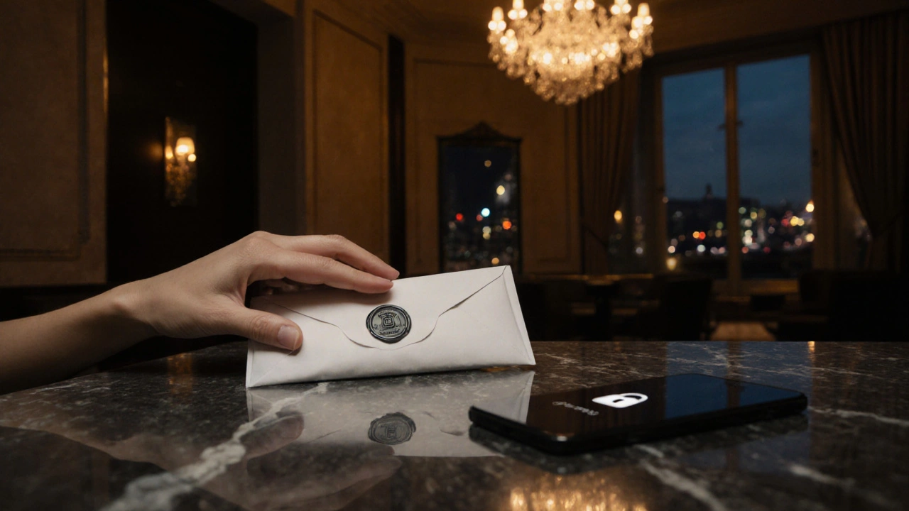 Hotel lobby scene with sealed envelope and lock icon suggesting discreet booking.