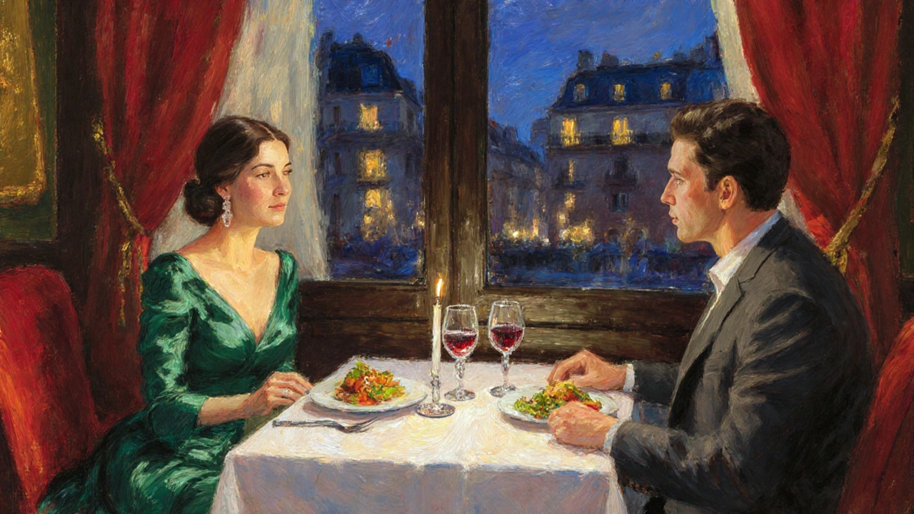 Impressionist dinner scene with a woman in an emerald gown and a man in a charcoal suit at a fine restaurant.