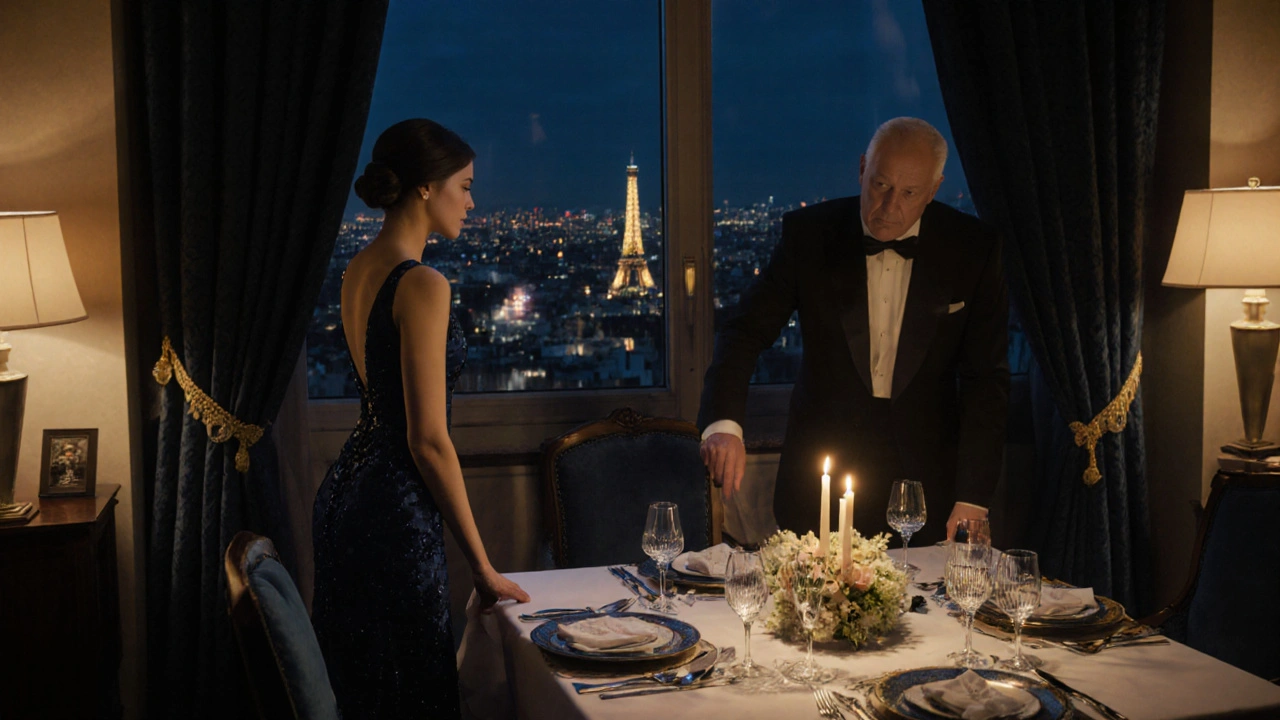 Luxurious hotel suite dinner setting with a woman in gown overlooking Paris at night.