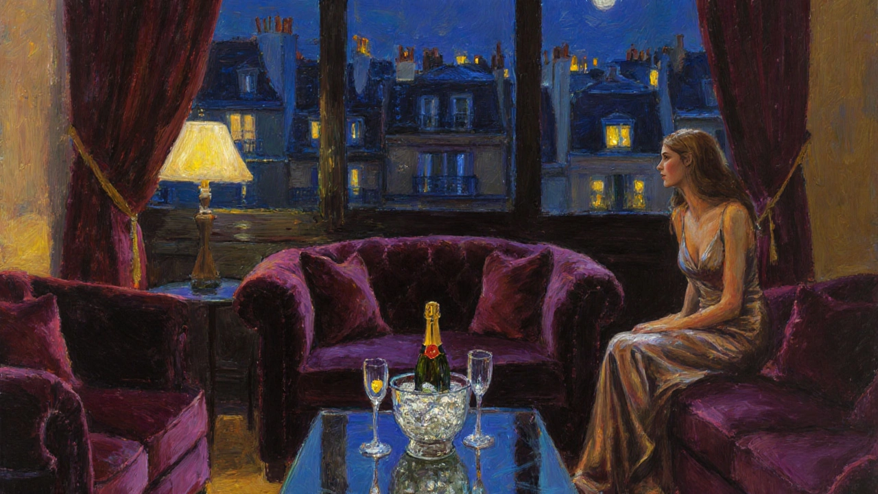 Luxurious hotel VIP lounge with velvet sofas, champagne, and night city view through large window.