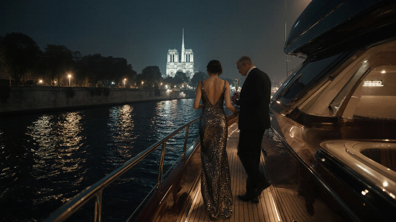 Luxury yacht scene on the Seine with a dressed escort and client at night.