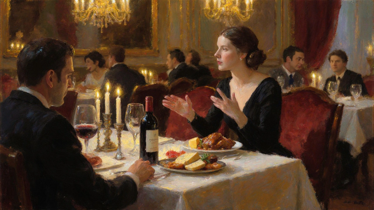 Sophisticated dinner with an escort and gentleman at a candlelit French restaurant.