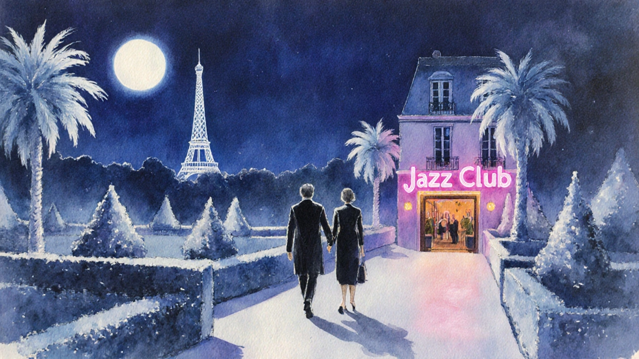 Stylish companion leading a guest through a moonlit Luxembourg Garden toward a jazz club.