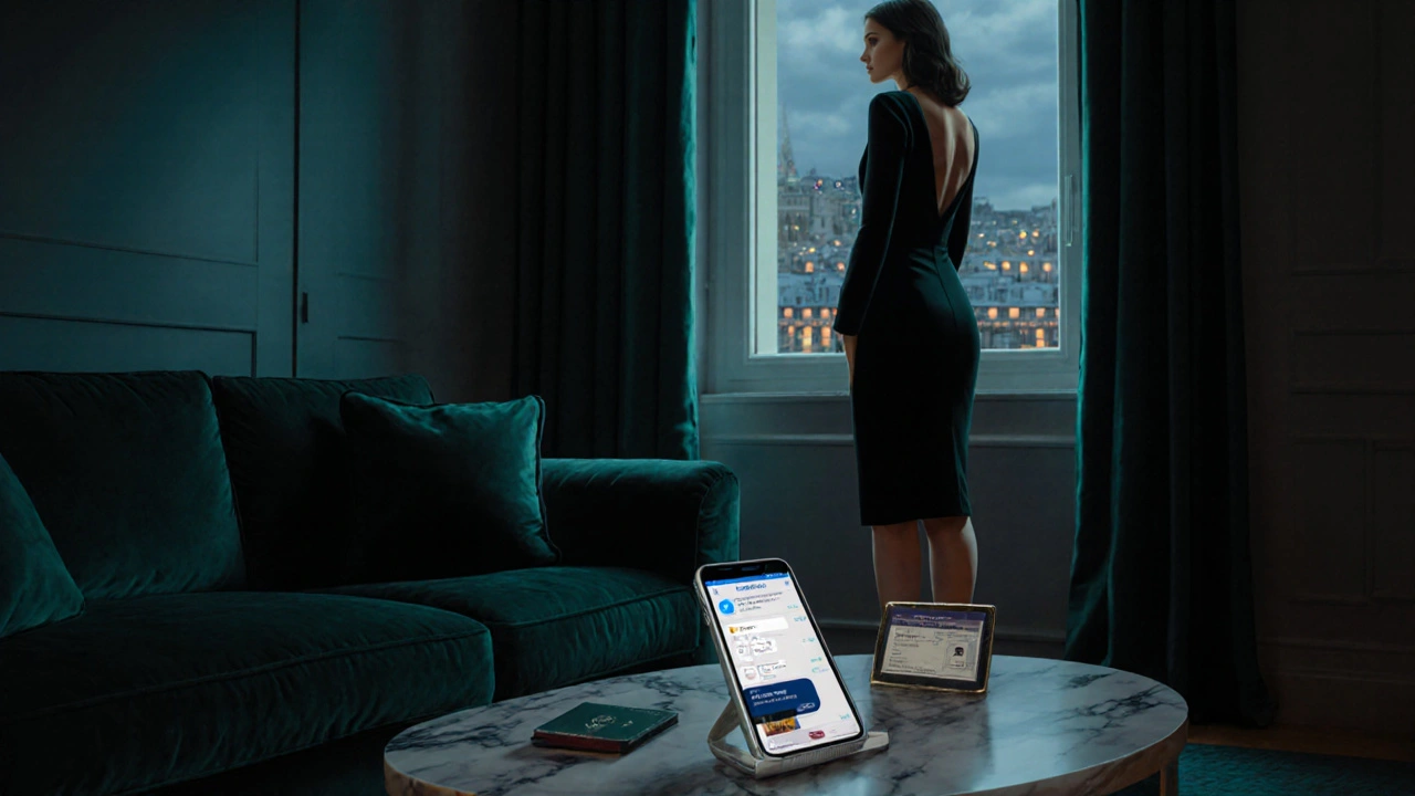 Stylish hotel suite showing a woman in a black dress, discreet tech, and a passport holder for privacy.