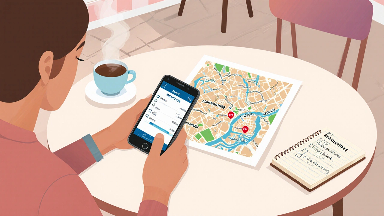 Traveler in café reviewing booking app with map and safety checklist.