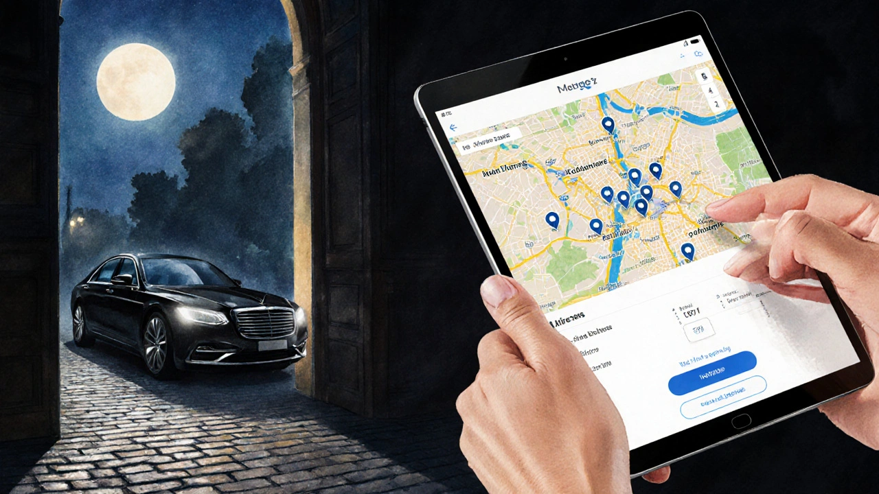 Traveler using a booking app, Paris map markers, and a black car waiting at a discreet entrance.