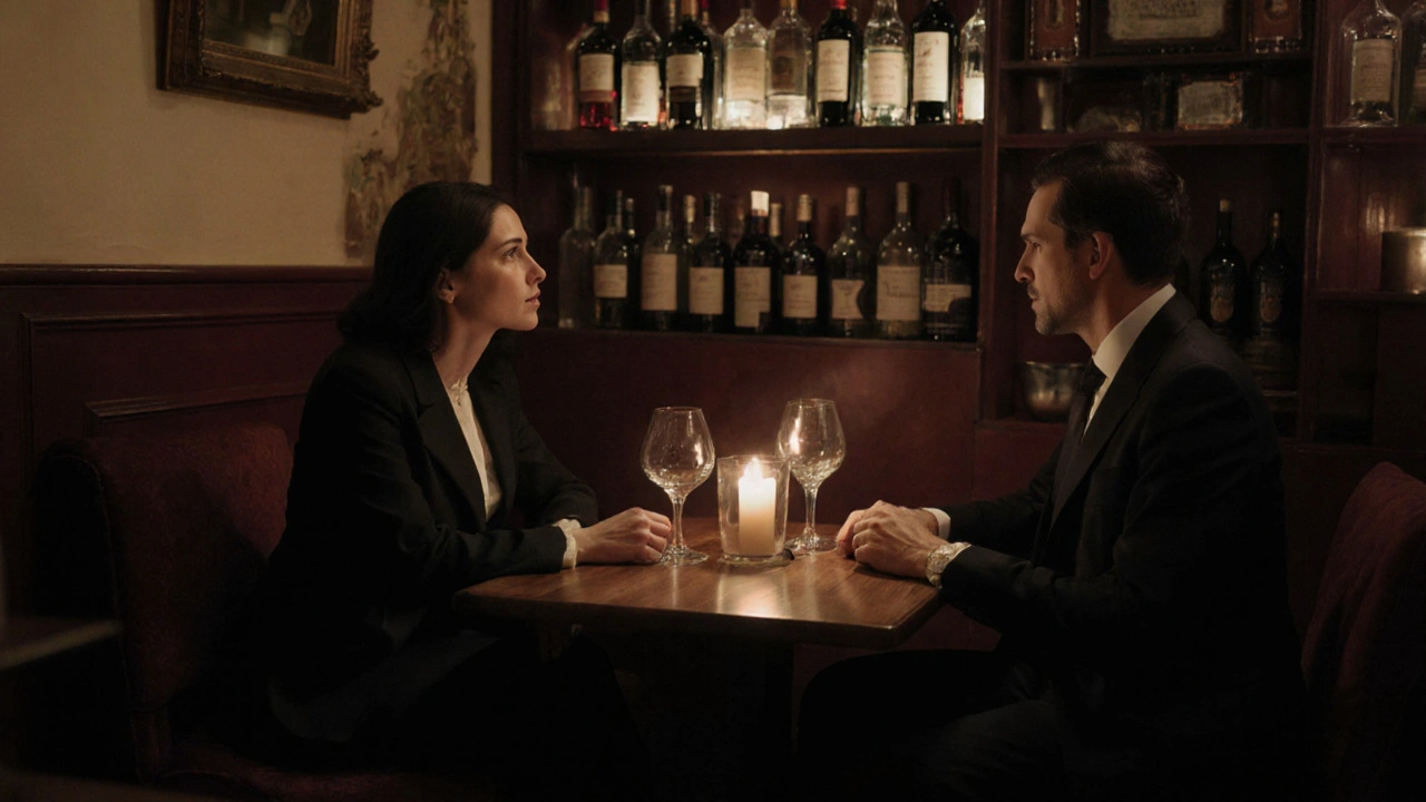 Two people share a quiet wine moment in a cozy Paris 9 bistro, candlelight reflecting off glasses.