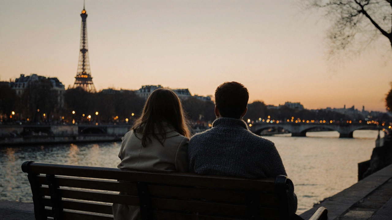 Two people sitting in quiet companionship on a bench by the Seine at sunset.