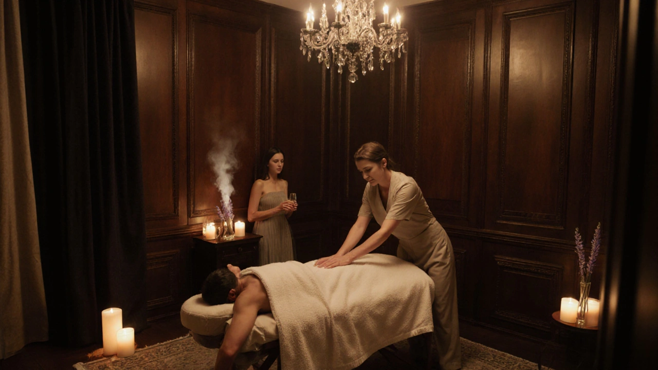 Warm-lit private massage studio with therapist, client wrapped in towel, and companion offering water.