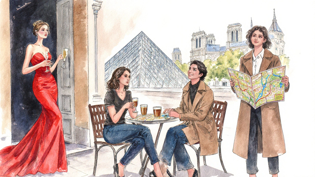Watercolor showing luxury, social, and travel companions in Paris settings.