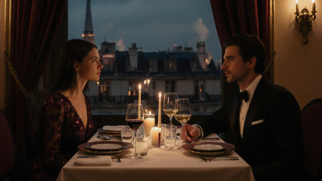 A couple enjoying an elegant dinner at a fine Parisian restaurant with city lights visible.