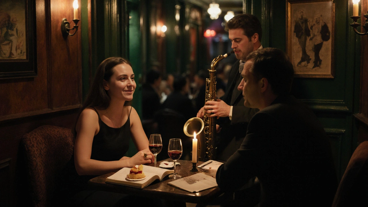 A couple enjoying jazz and wine in a quiet Parisian bar, lost in quiet conversation.