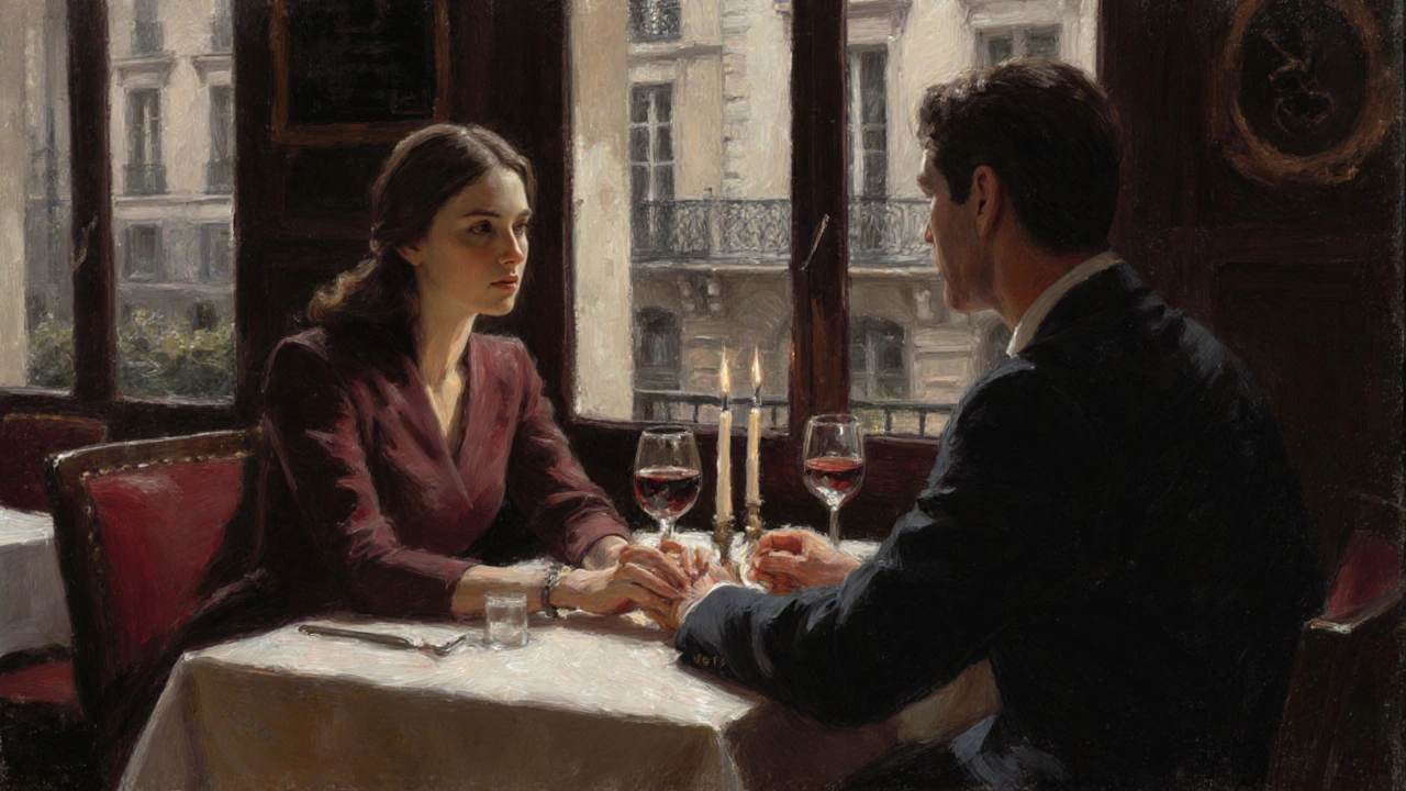 A couple shares a quiet dinner in a cozy Paris bistro, candlelight casting soft shadows.