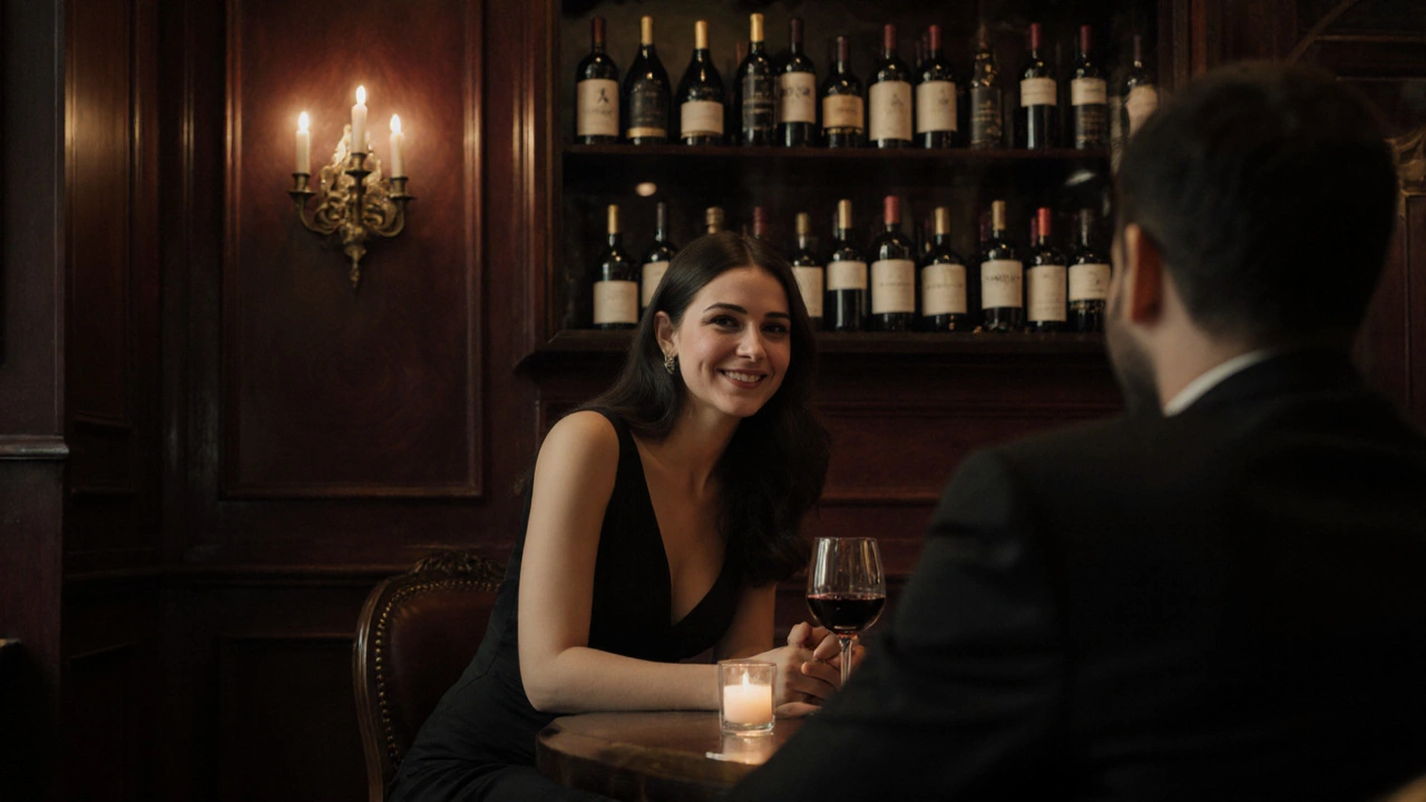 A couple shares a quiet moment in a jazz bar, candlelight reflecting off wine glasses.