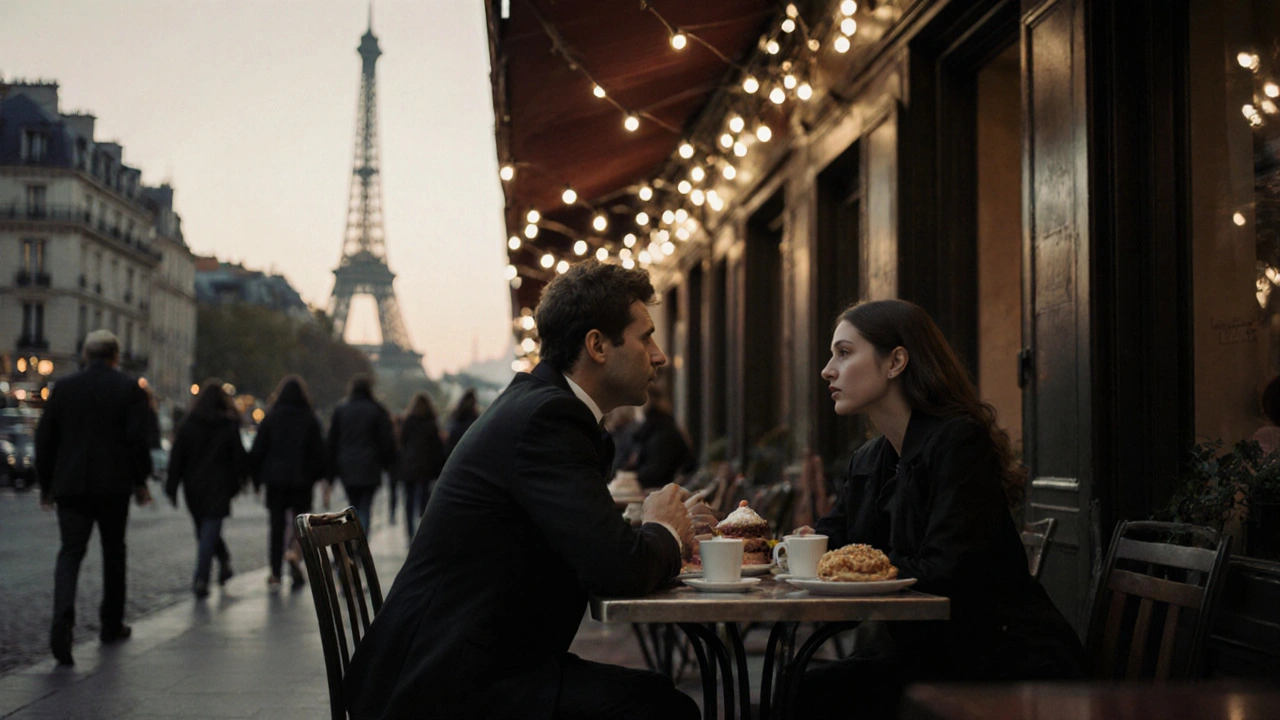 A couple sharing quiet conversation at a Paris bistro under string lights, Eiffel Tower in distance.
