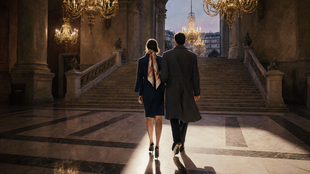 A couple walking gracefully under the Opéra Garnier&#039;s chandeliers at twilight.