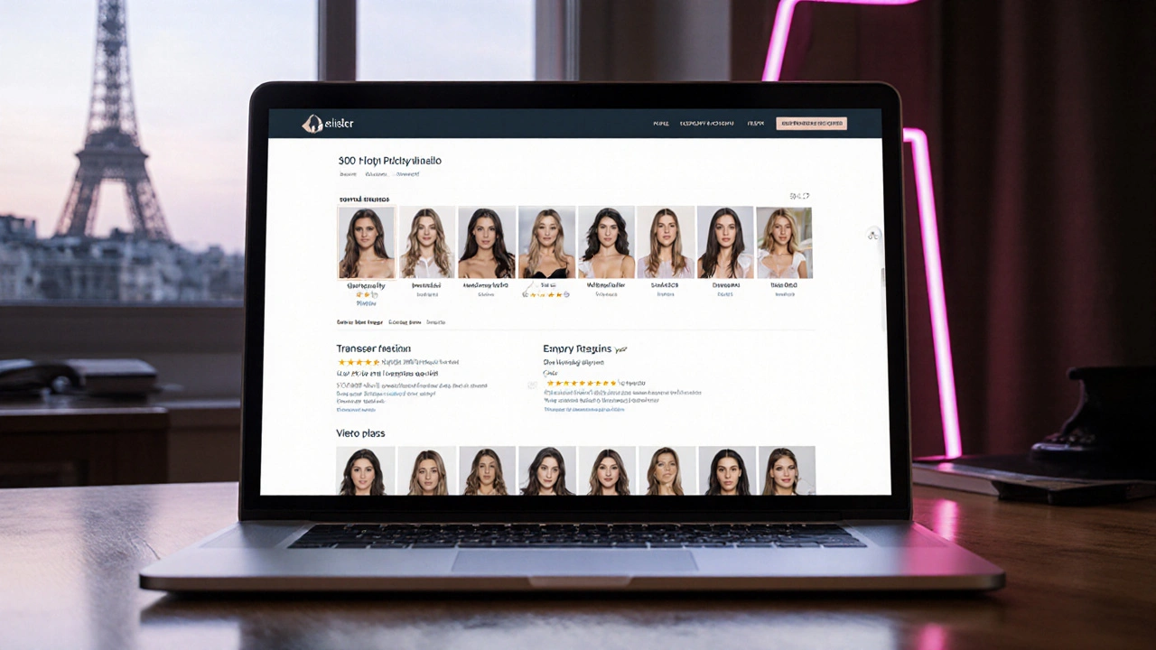 A laptop displaying a verified escort agency profile with clean design, detailed bios, and transparent pricing in Paris.