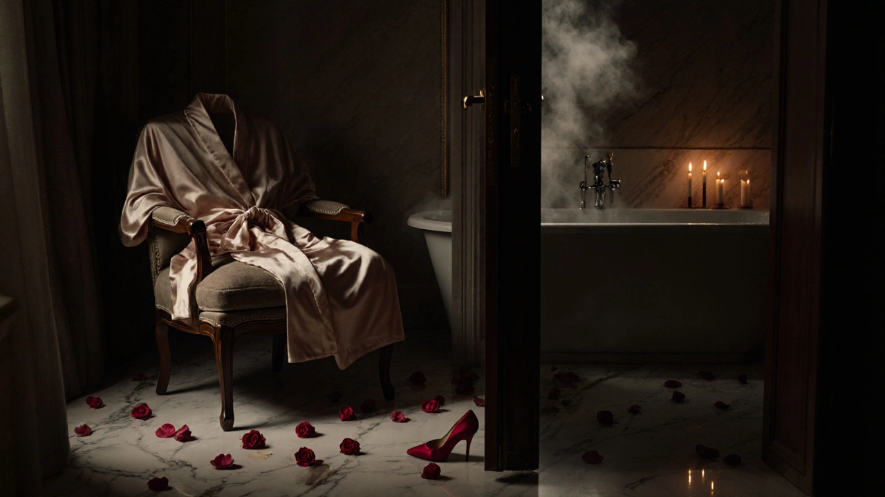 A luxurious hotel suite with rose petals, candles, and a silk robe hinting at intimacy.