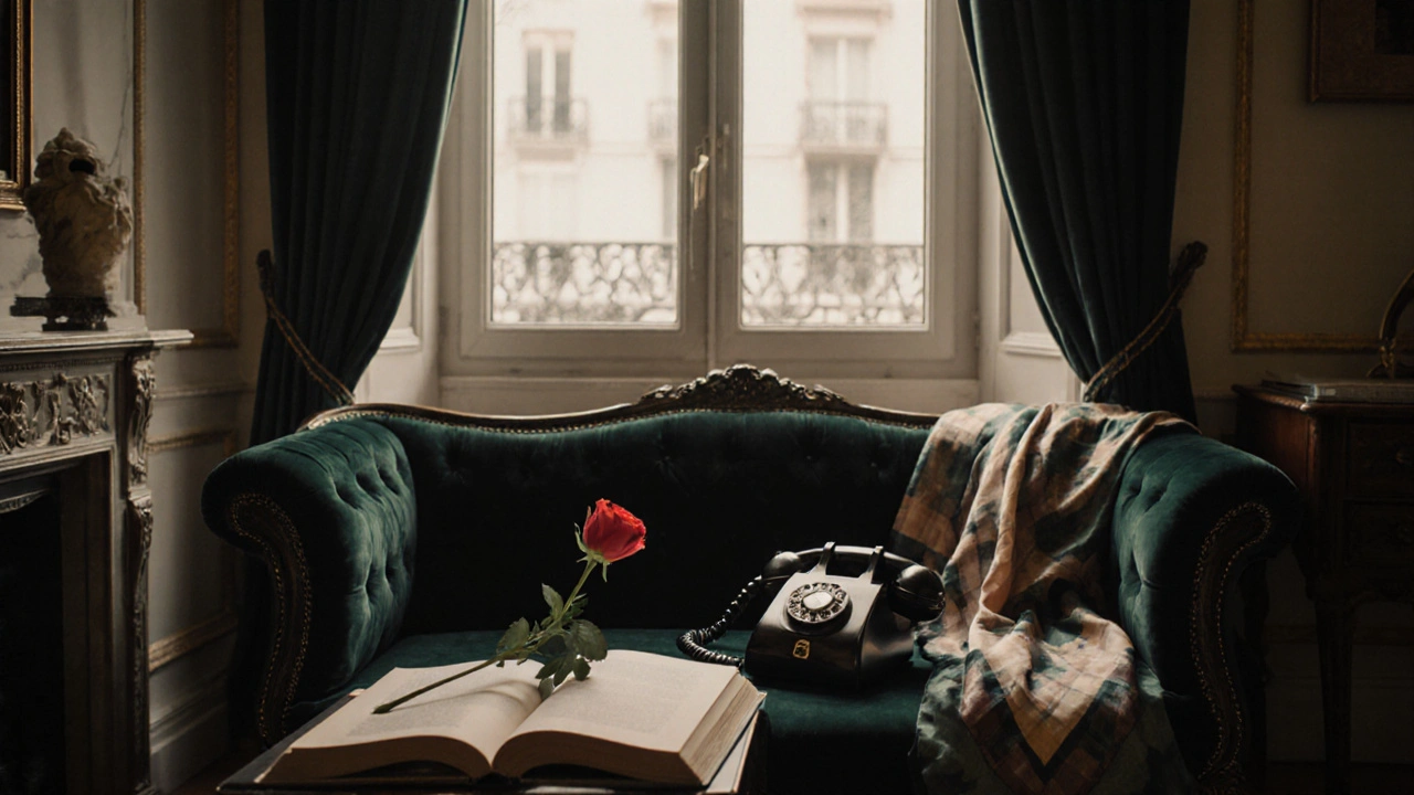 A luxurious Paris apartment salon with a velvet chaise, rose, and book, morning light streaming in.