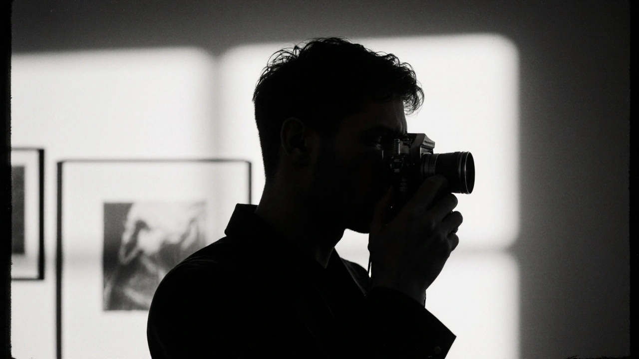A male model stands in silhouette in a minimalist studio, holding a vintage camera, with abstract shadows and art prints in the background.