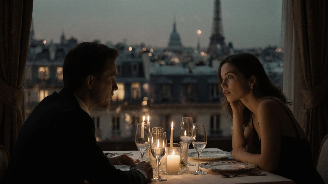 A man and woman dining quietly at L&#039;Ambroisie, candlelight reflecting in wine glasses.
