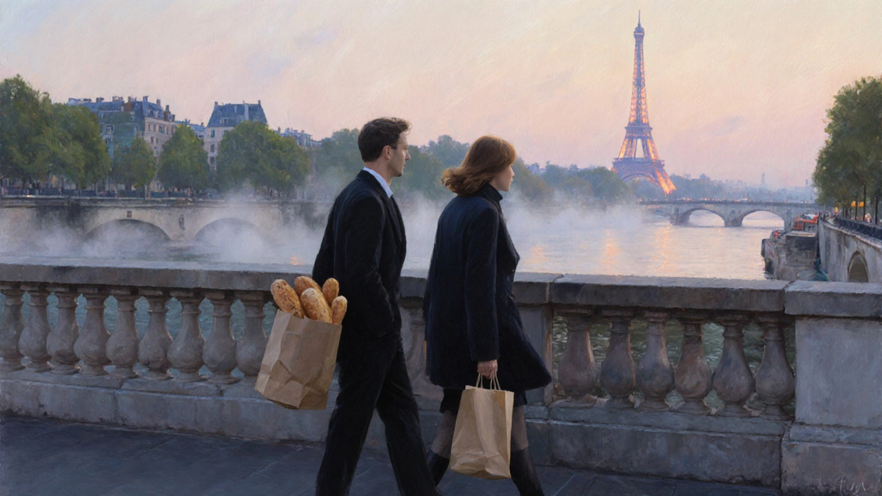 A man and woman walking peacefully along the Seine at dawn, Eiffel Tower in distance, holding bread, misty morning light.