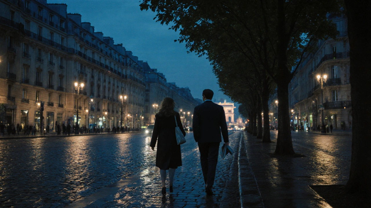 A man and woman walking peacefully at night along a tree-lined Paris street, bathed in soft lamplight.