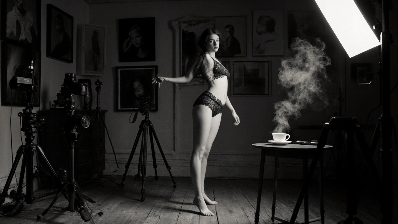 A model moves gracefully in a studio lit by a single spotlight, surrounded by professional photography gear, wearing lace lingerie.