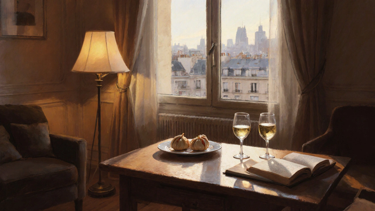 A quiet apartment interior with wine glasses, bao buns, and an open book, bathed in warm lamplight and city twilight.