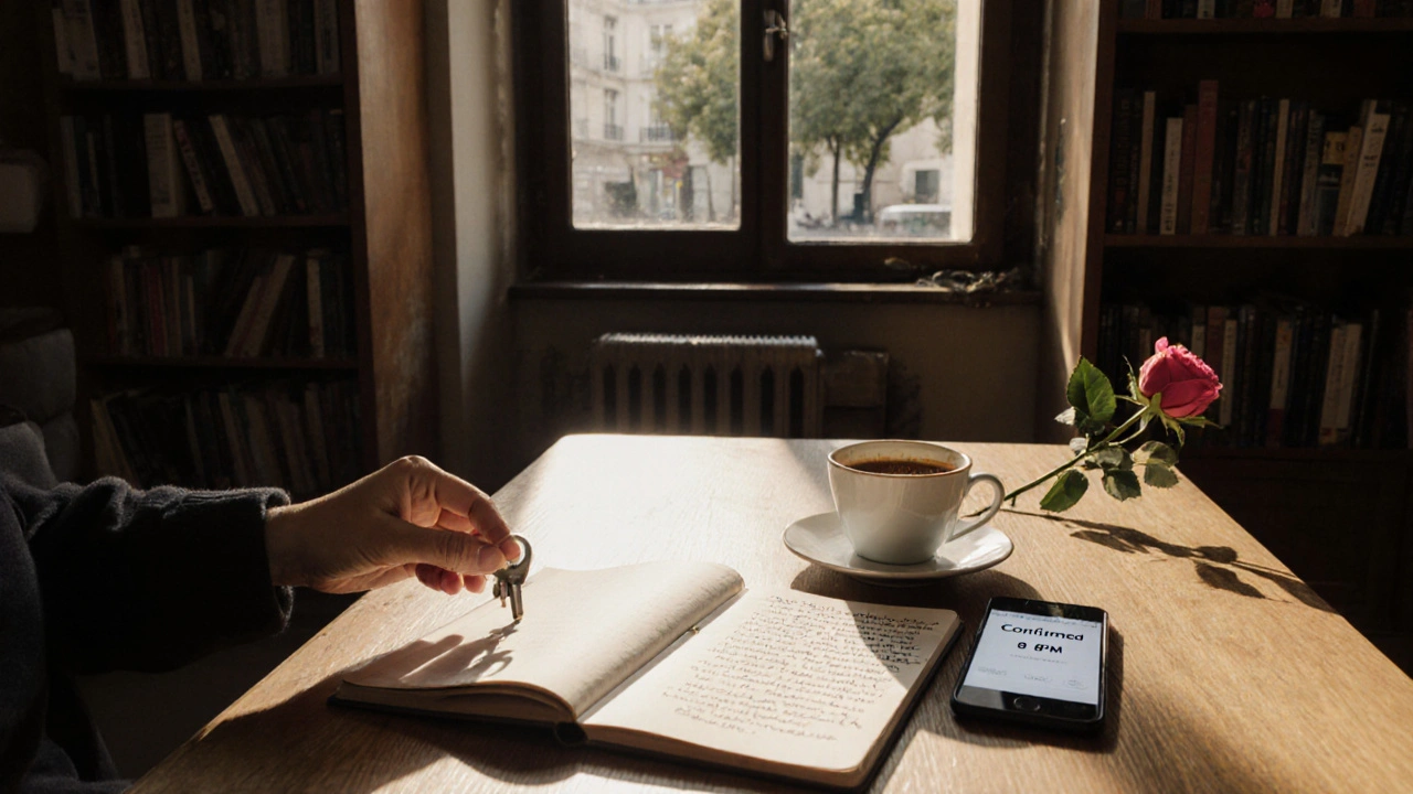 A quiet Parisian table with coffee, a rose, and a phone showing a confirmed escort booking.
